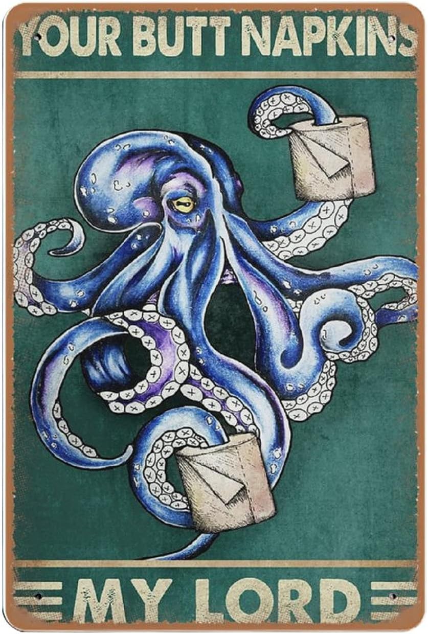 Home Bathroom Wall Art - Dreacoss Octopus 빈티지 주석 사인, 재미있는