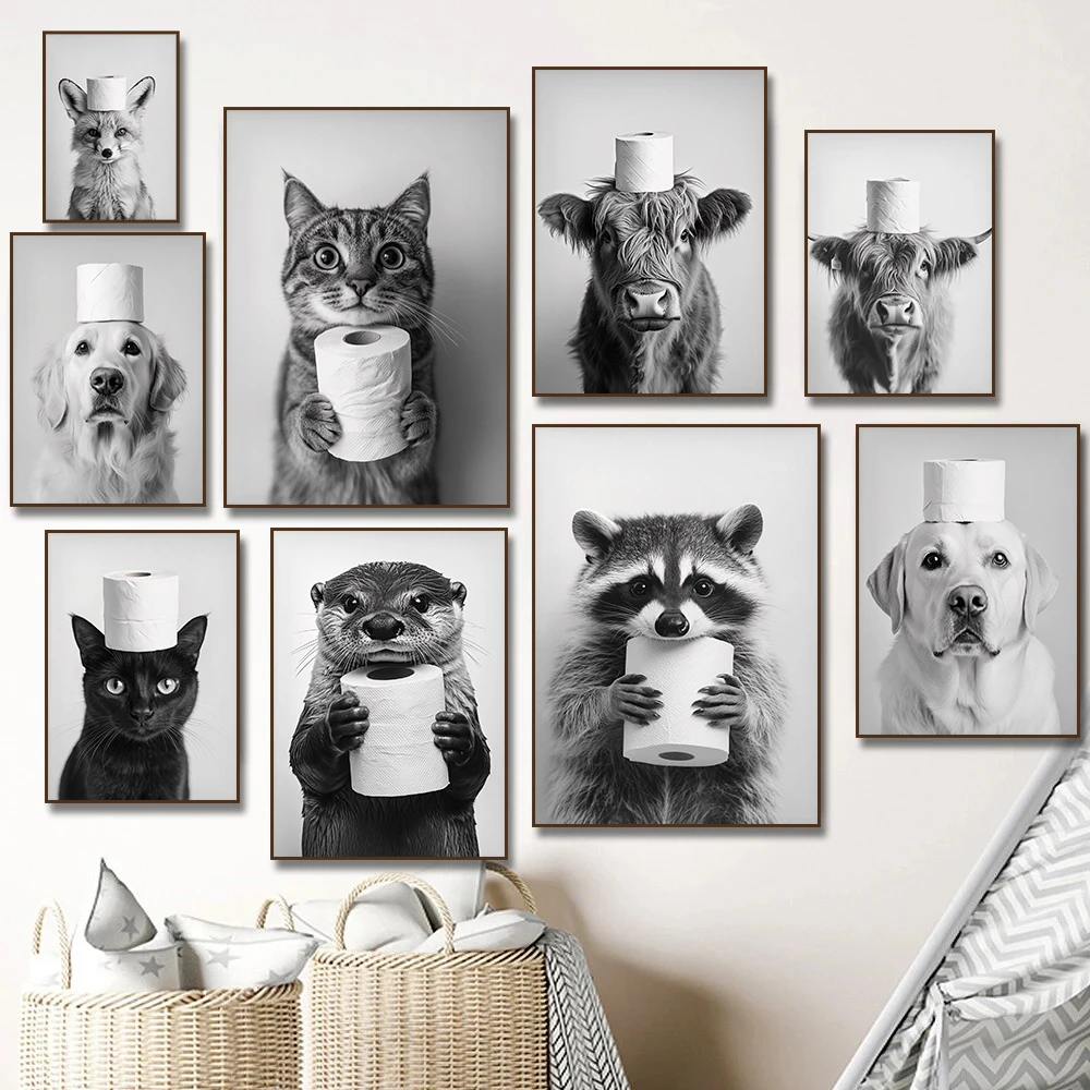 Home Bathroom Wallpaper - 하이랜드 소, 수달, 고양이, 너구리, 화장지