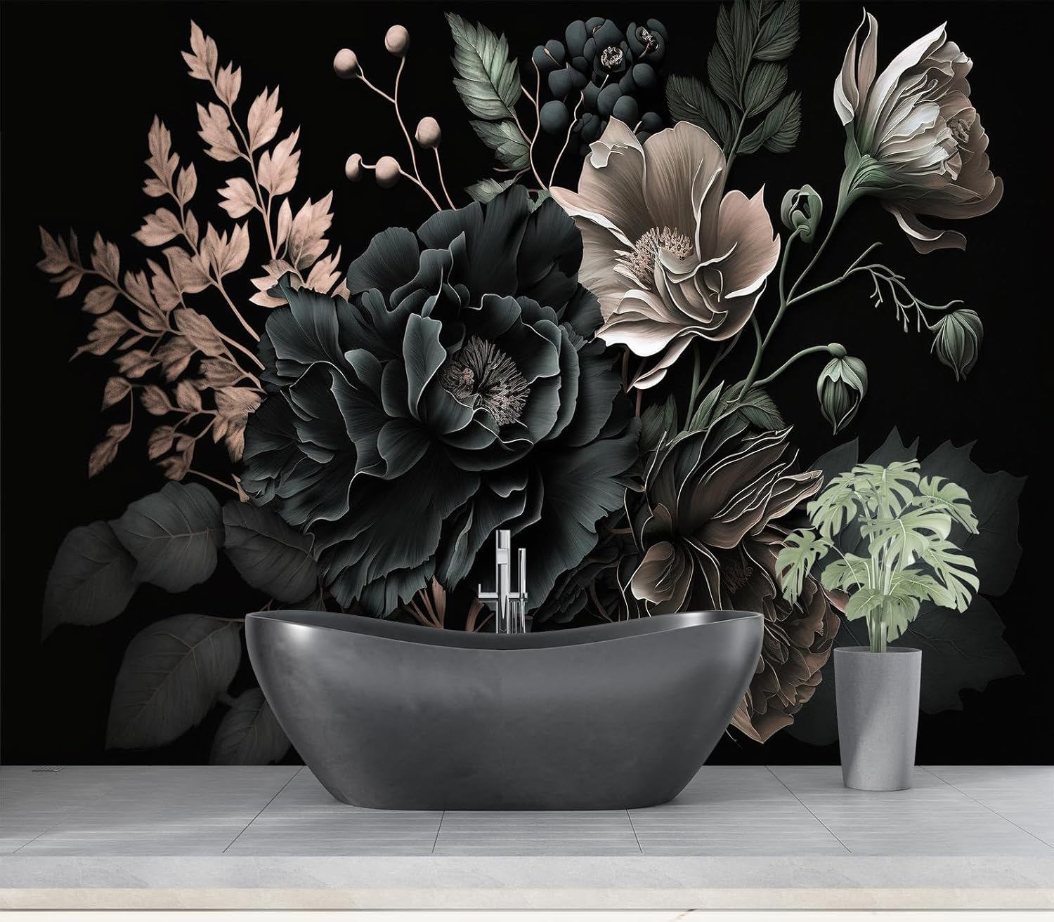 Home Bathroom Wallpaper - 극적인 어두운 꽃무늬 식물성 모란 태피스트리