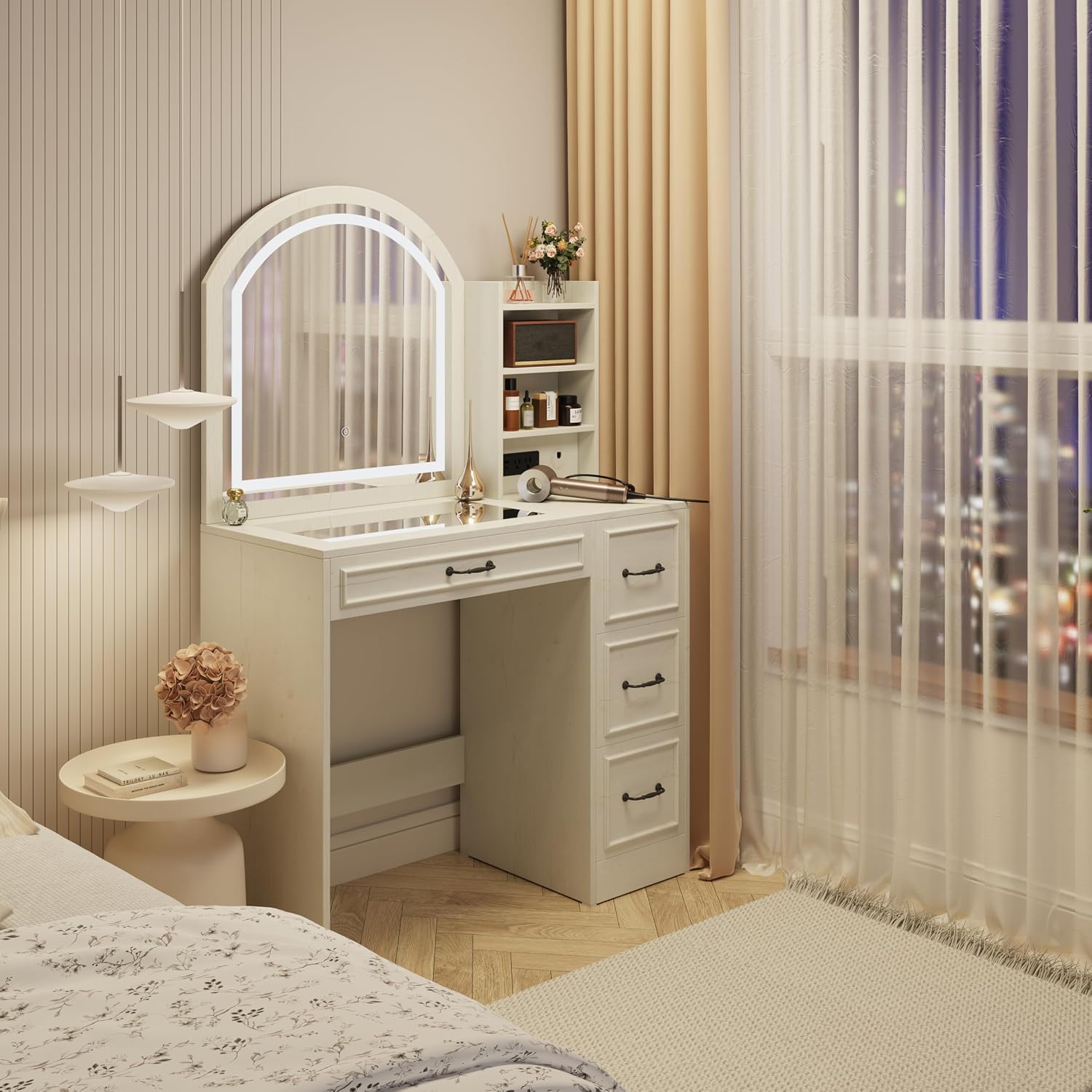 현대적인 화장대(조명 거울, 유리 상판, 4개의 서랍  - Home Outlet Bathroom 리뷰 및 가격