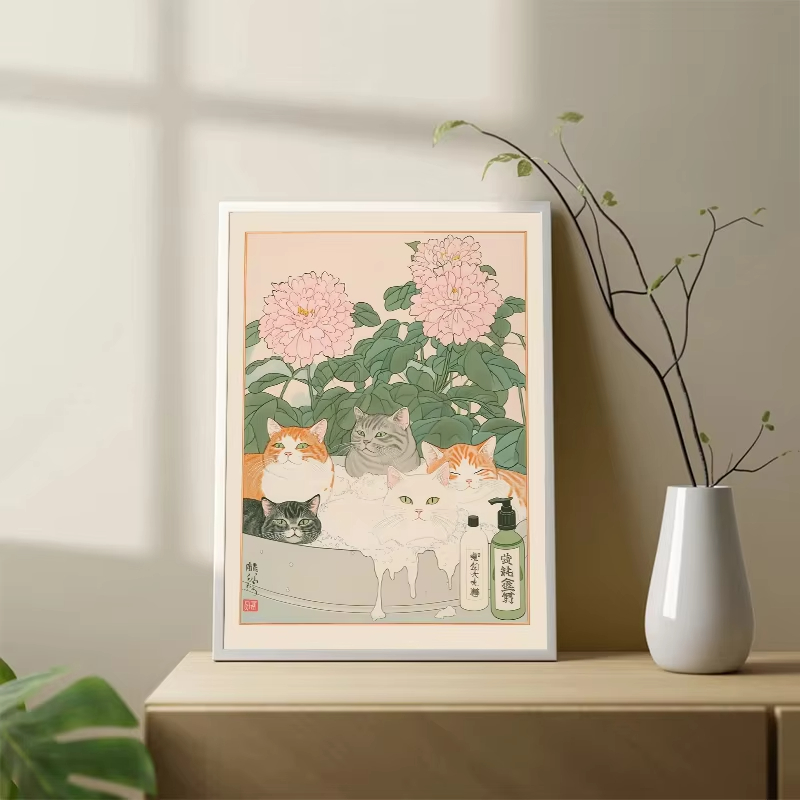욕조 속의 프레임리스 고양이 일본 빈티지 클래식 호랑이 - Home Bathroom Wall Art 리뷰 및 가격