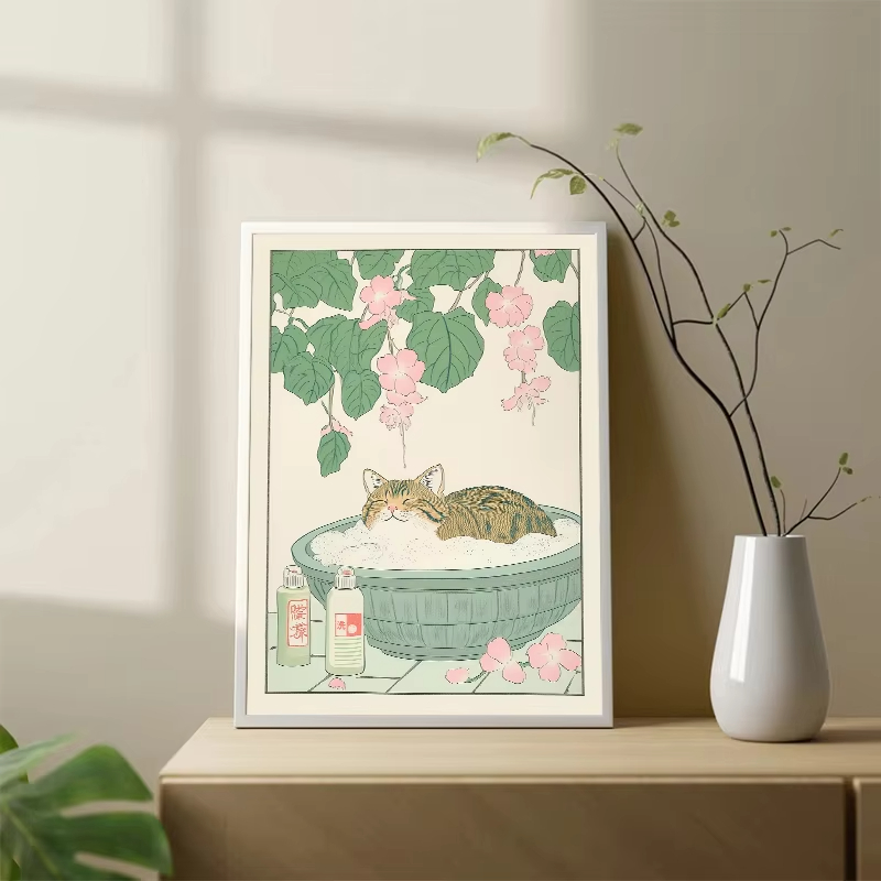 욕조 속의 프레임리스 고양이 일본 빈티지 클래식 호랑이 - Home Bathroom Wall Art 리뷰 및 가격