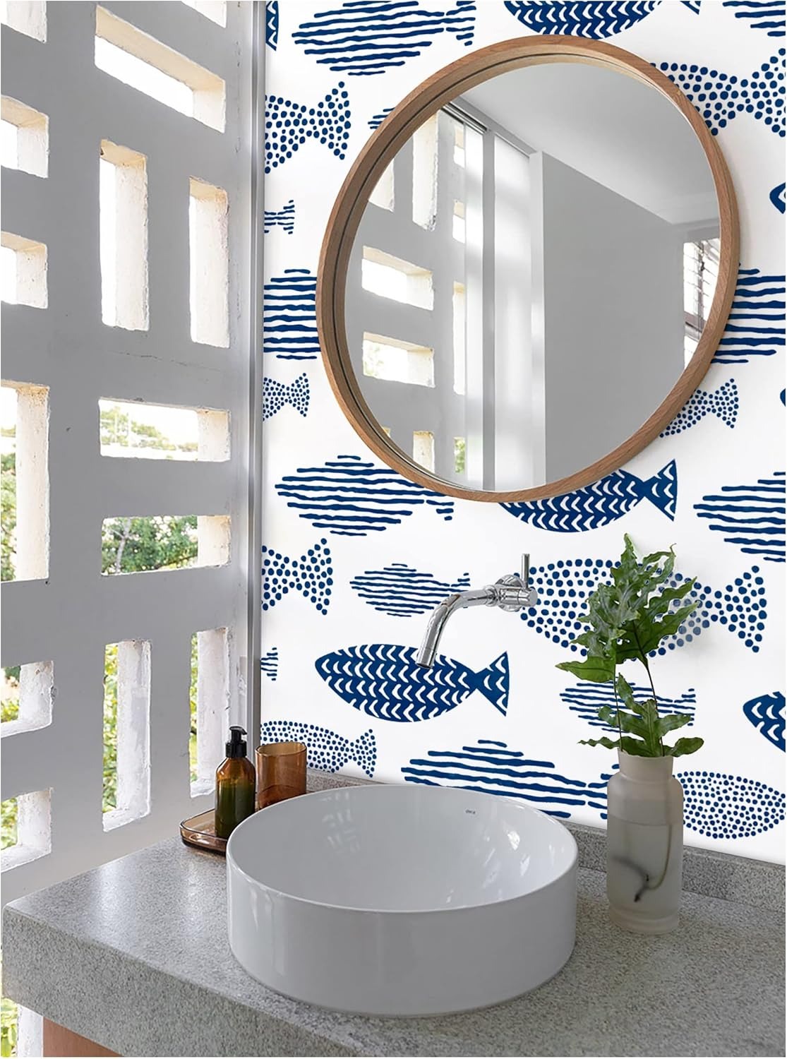 껍질과 스틱 벽지 추상 수중 WorldFish 격자 인 - Home Bathroom Wallpaper 리뷰 및 가격
