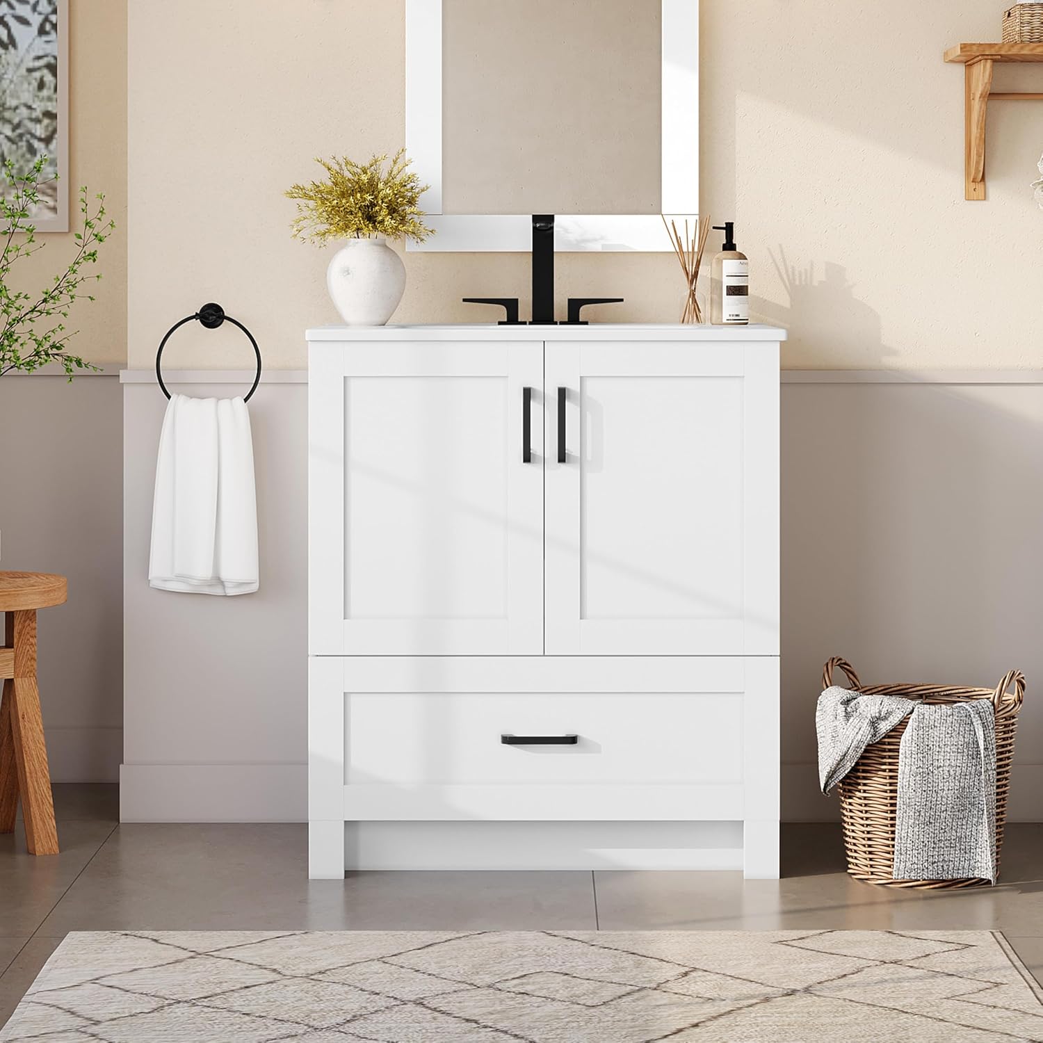 30인치 세라믹 세면대가 있는 독립형 욕실 수납장, 소 - Home Bathroom Door 리뷰 및 가격