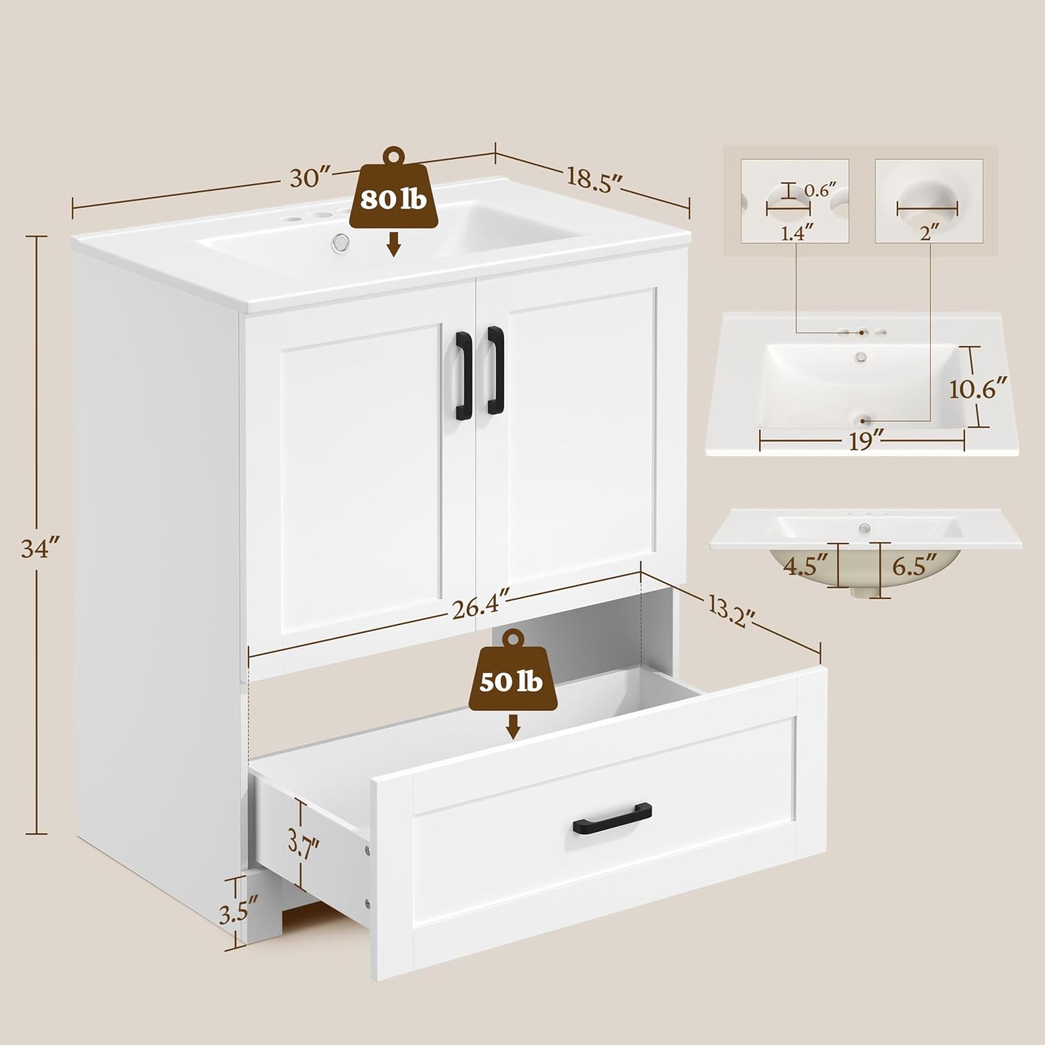 30인치 세라믹 세면대가 있는 독립형 욕실 수납장, 소 - Home Bathroom Door 리뷰 및 가격